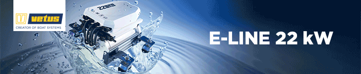 Rotating advert for the E-Line 22 kW marine engine by Vetus, highlighting a powerful and efficient way to go boating.