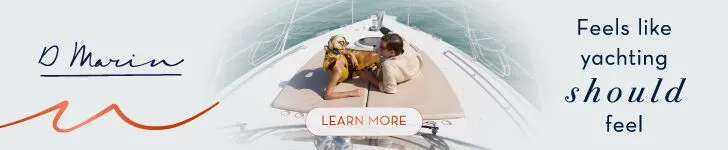 Young couple relaxes on a yacht's bow, enjoying the sun and sea, with text promoting the yachting experience with D-Marin marinas.