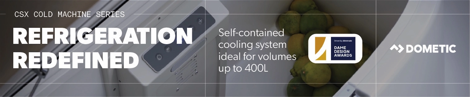 Advertisement for Dometic's CSX Cold Machine Series featuring a self-contained refrigeration system with up to 400L capacity.