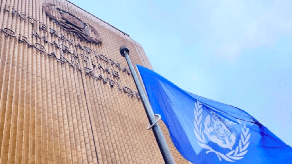IMO flag outside building