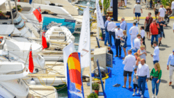 aerial view of boats and people walking next to them as they take in all that the Palma Boat Show has to offer