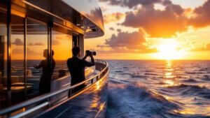 photographer stands on boat taking picture of sunrise
