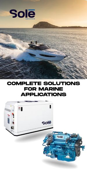 A sleek boat glides over the water, with a generator and engine images below, promoting Sole's complete marine solutions.