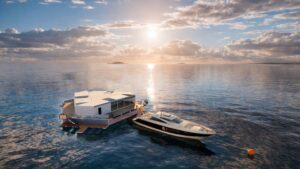 floating luxury dock with speedboat moored alongside