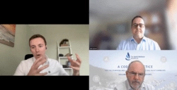Three men talking on video call