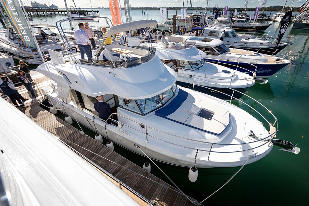 The Swift Trawler 35 on the Beneteau stand at the Southampton Boat Show today. Picture date: Friday September 15, 2017. 