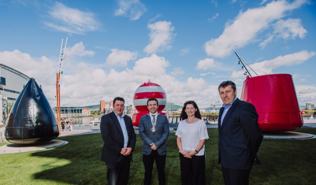 Pictured from left James Eyre, Commercial director of Titanic Quarter LTD, Deputy Mayor of Belfast City Council, Councillor Peter McReynolds, Kerrie Sweeny, Chief Executive of Titanic Foundation & Mark O'Donnell from the department of Communities. Picture John Murphy Aurora PA.