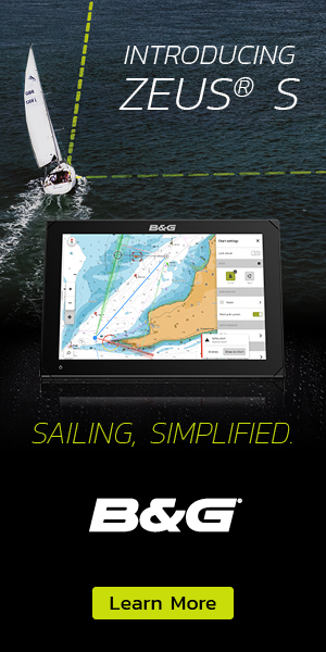 A sailboat navigating on water next to a tablet displaying navigational charts and sailing features with the slogan "Sailing, simplified" by B&G.