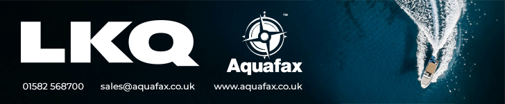 Graphics promoting LKQ Aquafax as trade distributors of marine and industrial equipment with a boat navigating on water and selected brand logos to showcase products for boating and marine applications.