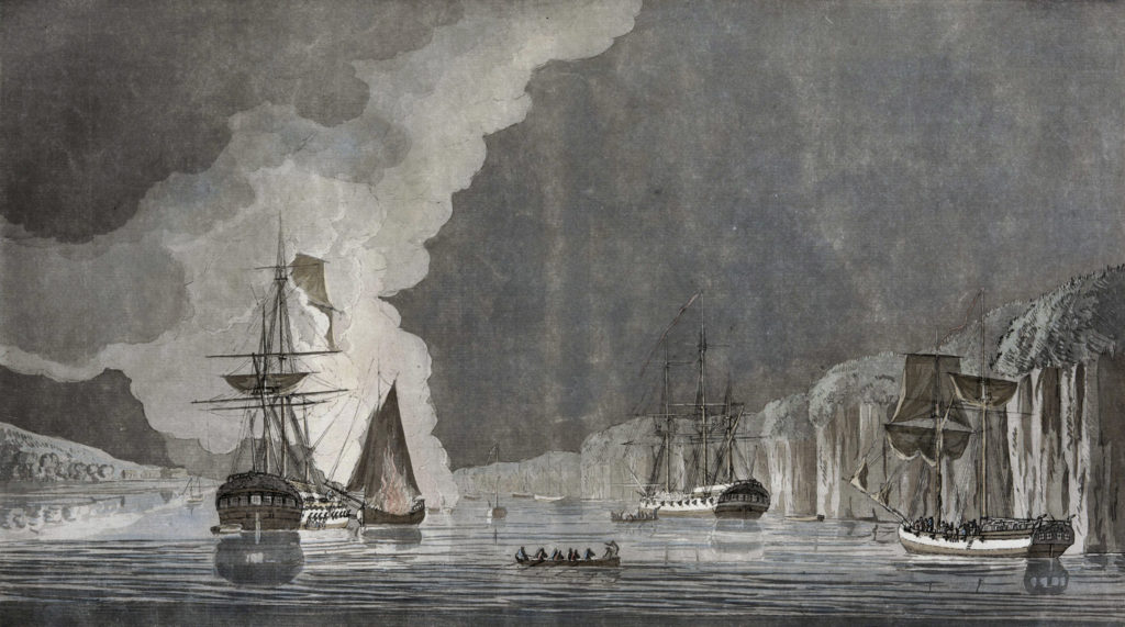 aged image of a naval scene with old navel boats in the water with dark Skys