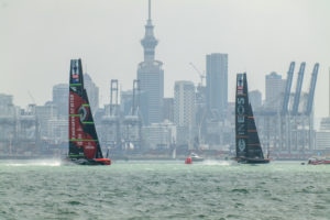 Emirates Team New Zealand racing INEOS TEAM UK during Race 5 / Day 2 of the ACWS Auckland. Te Rehutai and Britannia in front of the Auckland skyline and the SkyTower.