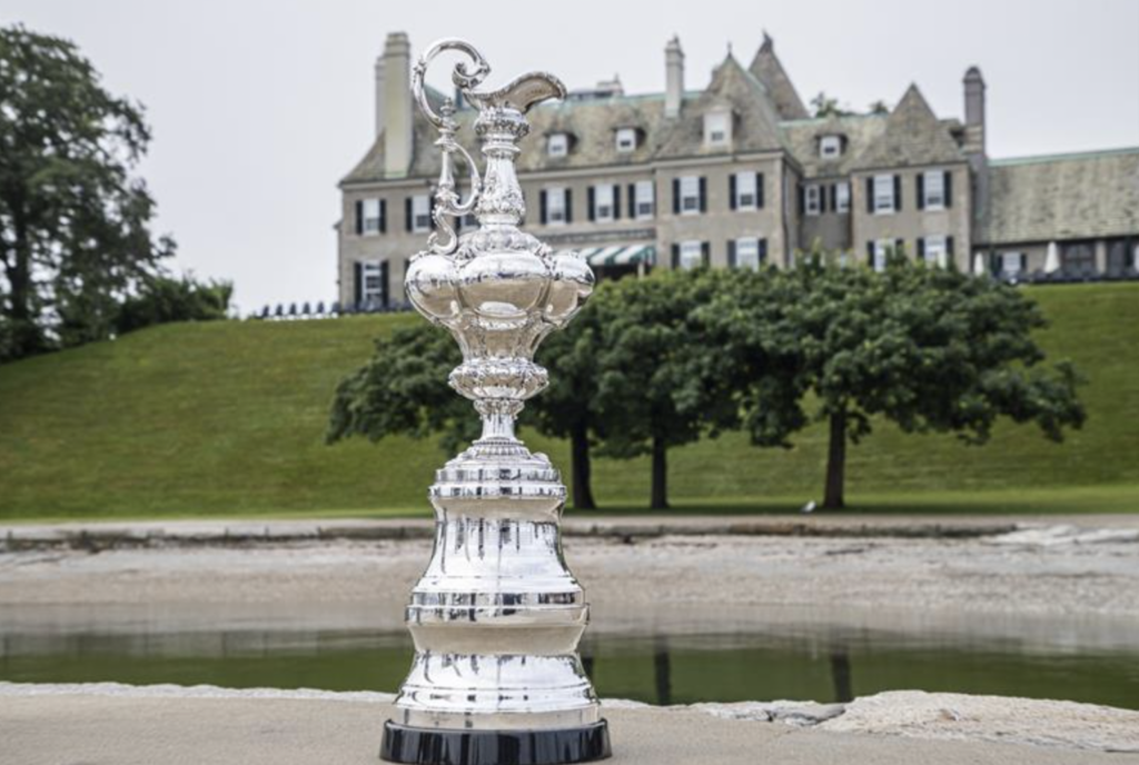 The America's Cup Trophy in front of the New York Yacht Club's Newport Club House