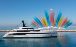 CRN Ferretti launch rio with fireworks in backgorund