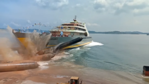 WATCH: Superyacht launched in Indonesian style using inflatable rollers