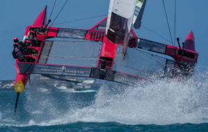 The F50 of the Denmark SailGP Team presented by ROCKWOOL leaps out over the waves whilst competing at Bermuda SailGP presented by Hamilton Princess, Event 1 Season 2 in Hamilton, Bermuda