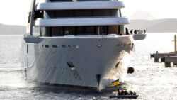 The 140m Solaris, linked to Abramovich, is met by Ukrainian protesters in Bodrum, Turkey.