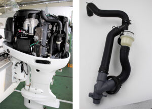 Outboard engine with cover off to reveal fitted micro-plastic collecting device (on left), and collecting device (on right).