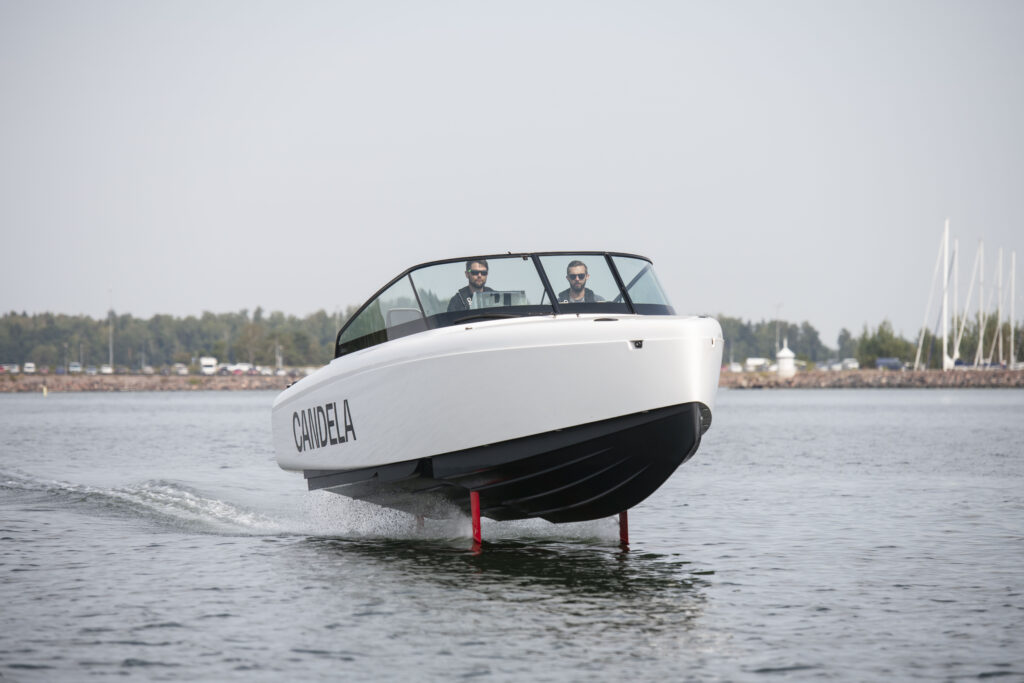 C-8 Candela electric boat on the water bow shot