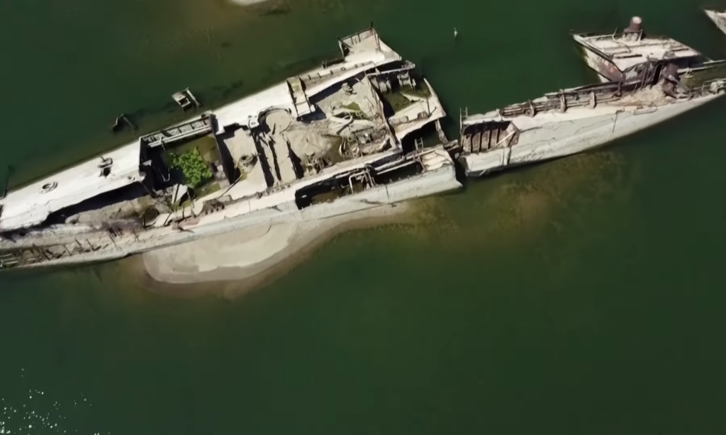 Exposed warship in Danube from above