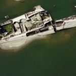 Exposed warship in Danube from above