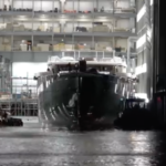 Jeff Bezos' $500m superyacht Koru leaving shipyard at night