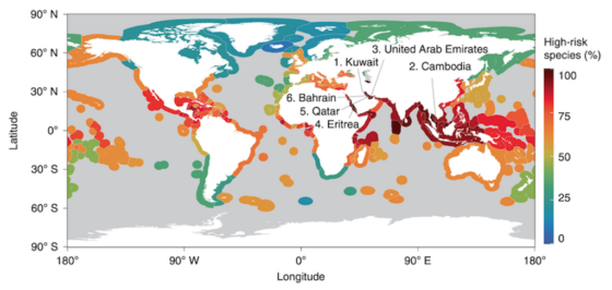 Map showing the proportion of fished species at risk (high or critical) under SSP5-8.5 by 2100. Dark red shading indicates areas where almost all fished species are at high risk.