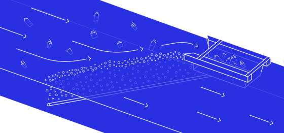 schematic of how the Great Bubble Barrier plastic collecting system works