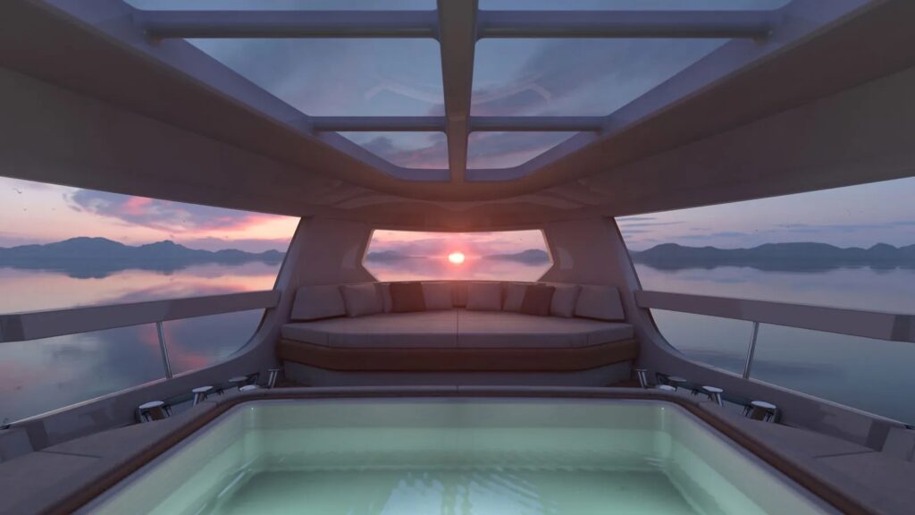 View from inside pool of yacht looking through side panoramic windows and glass ceiling.