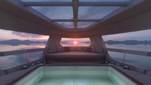 Vista dall'interno della piscina dello yacht guardando attraverso le finestre panoramiche laterali e il soffitto in vetro.