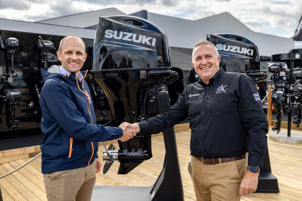 Dean Endean, INEOS Britannia's Chief Operations Officer meeting Mark Beeley, Head of Marine & ATV for Suzuki GB