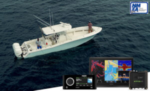a sport fishing boat with marine electronic equipment overlayed