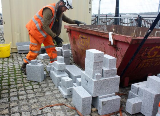 Liverpool Albert Dock sorting Norton Grey granite blocks