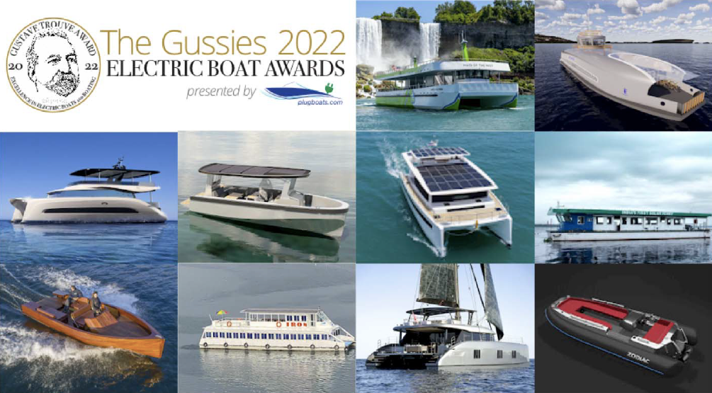 a compilation of images of electric boats with a logo of the Gussies awards