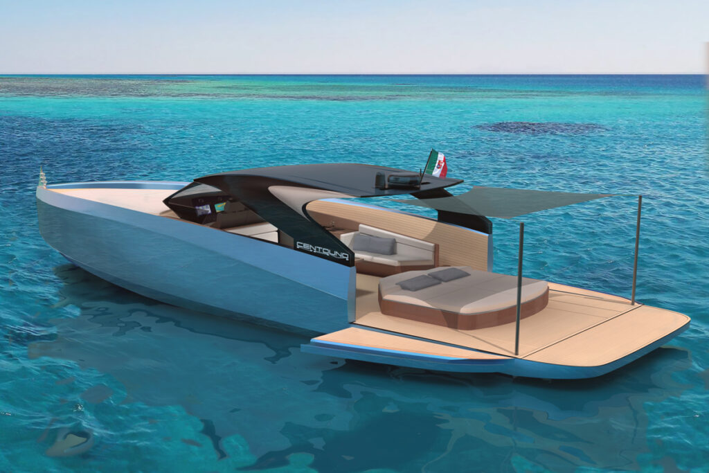 Визуализированное изображение моторной лодки в море с площадкой для загара и сложенной плавательной платформой.