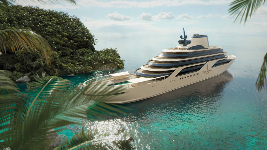 Navire à passagers de luxe amarré près du rivage tropical.
