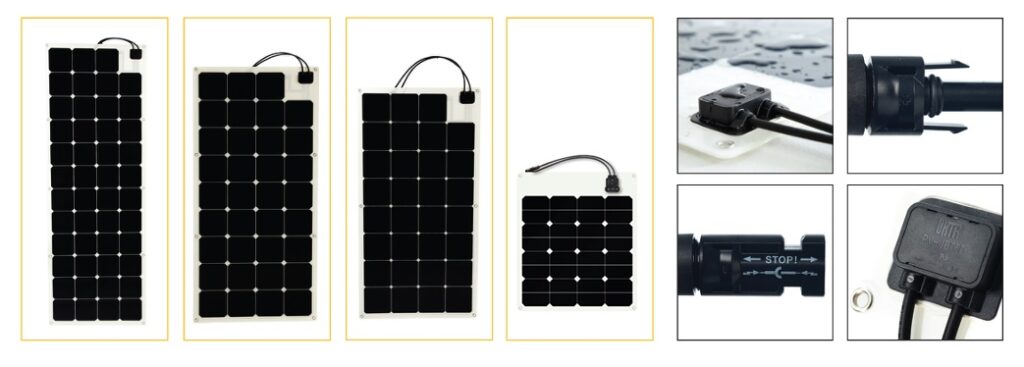 Conjunto de paneles solares y conectores de diferentes tamaños.