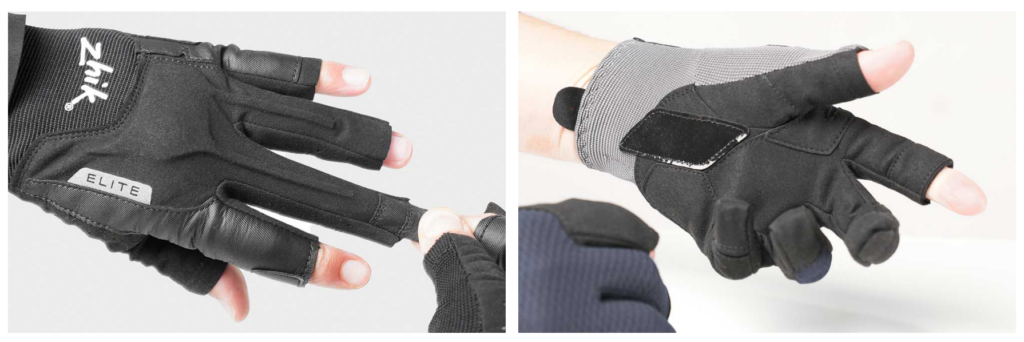 Two side-by-side pictures of hands wearing Zhik sailing gloves.