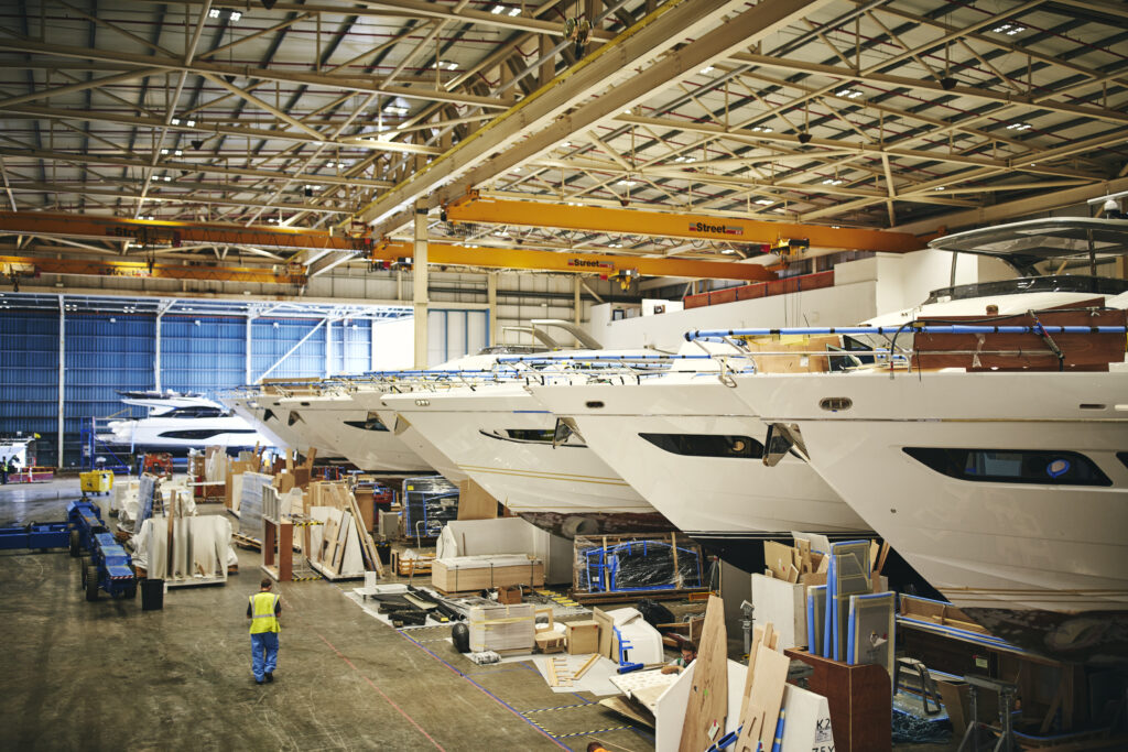 Princess Yachts factory with boat hulls in build