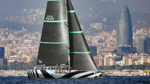 Large high performance sailing yacht on starboard tack