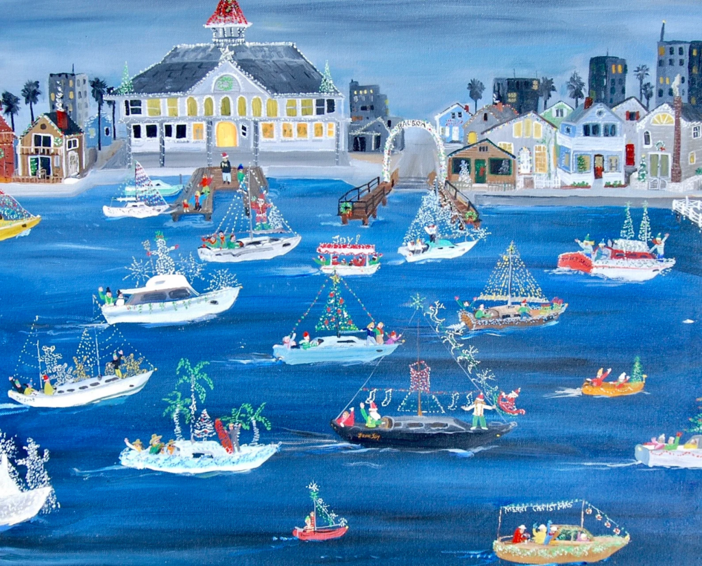 A painting by folk artist Alexa Alexander capturing the wonderment of the holidays and classic Christmas Boat parade