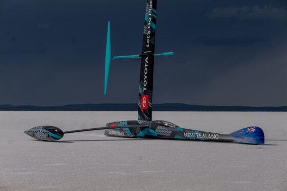 Emirates Team New Zealand’s Wind powered Land speed World Record attempt at South Australia’s Lake Gairdner. The Land yacht called ‘Horonuku’ is assembled on the lake and taken for its first sail.