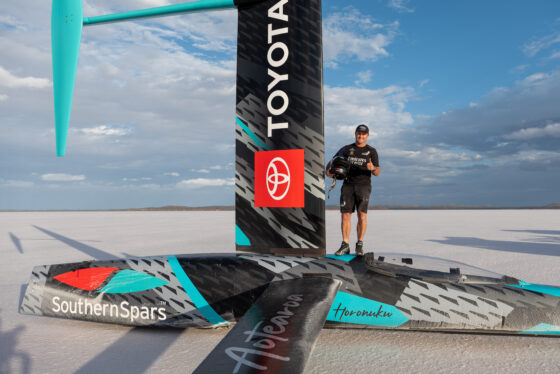 Emirates Team New Zealand’s land yacht called ‘Horonuku’ is assembled on Lake Gairdner for its first sail.