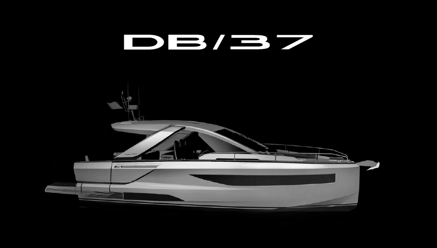 Desenho CAD do novo dayboat Jeanneau no fundo preto