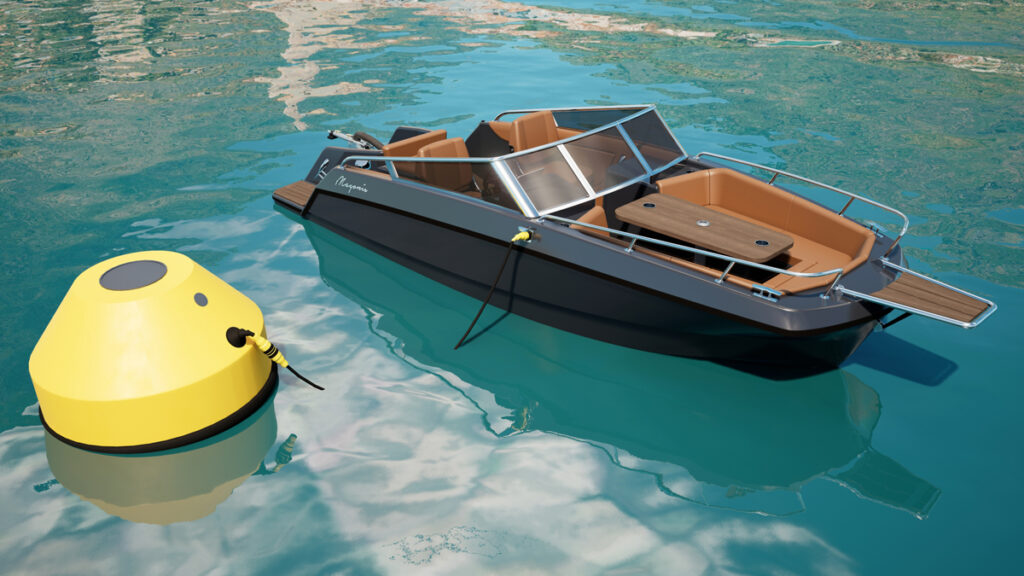 Rendering of an electric boat charging buoy and a dayboat