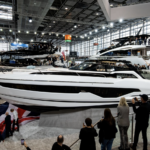 Sunseeker Superhawk 55 large motorboat on show at indoor boat show