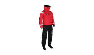 Product shot of red and black drysuit with white background