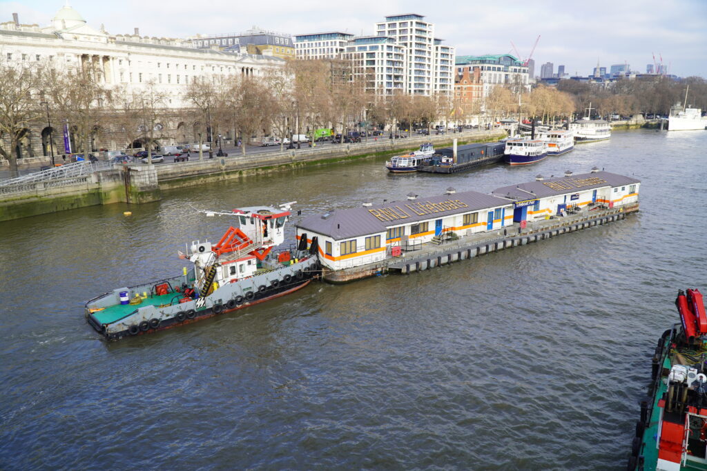 The RNLI’s Tower Lifeboat Station floating on Victoria Embankment