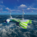 Green and white vessel on rough sea