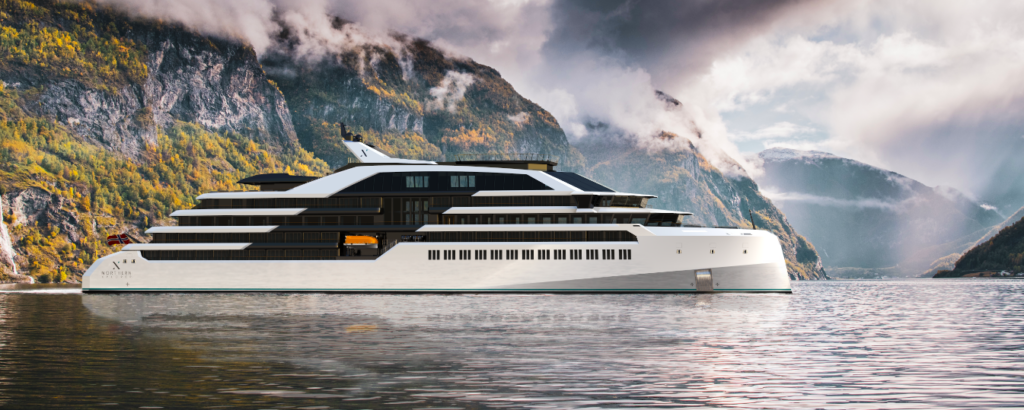 Rendering of Northern Xplorer zero-emission cruise ship in a fjord