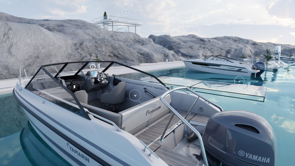 A virtual day boat attached to a virtual pontoon